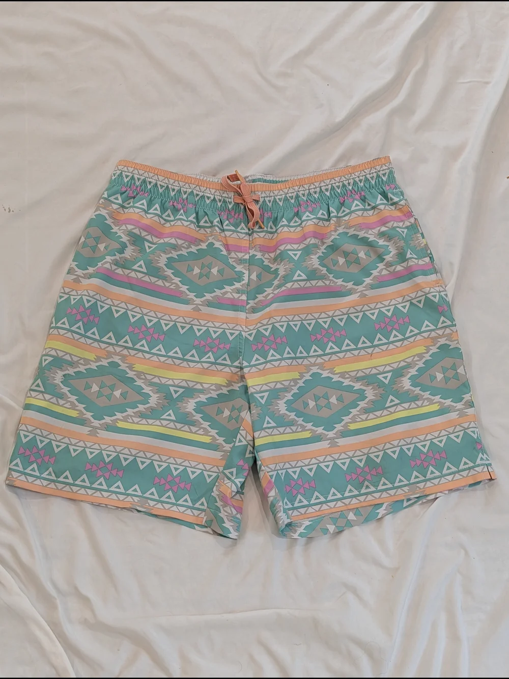 chubbies Teal Geometric Swim Trunks with Pastel Accents